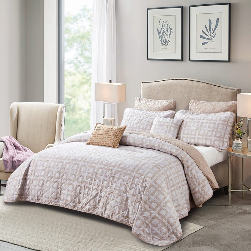 Home Soft Things 7 Piece Printed Microfiber Bedspread Quilts Set, 102" x 90" King, Austin Geo, Taupe Geometric Lightweight Bed Cover Coverlet Bedding Set with Matching Shams Pillows - Image 2
